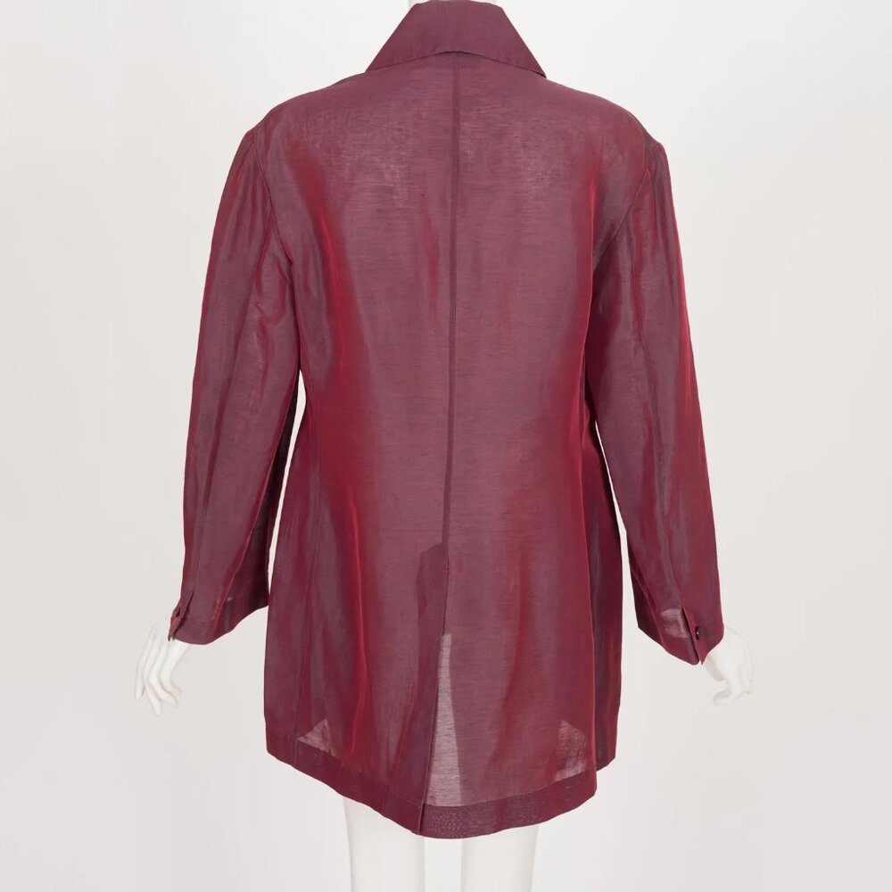 Romeo Gigli 1990s Vintage Iridescent Burgundy Linen & Silk Organza Jacket - Picture 3 of 10